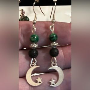 Handmade Artisan hanging beaded earrings with moon & star